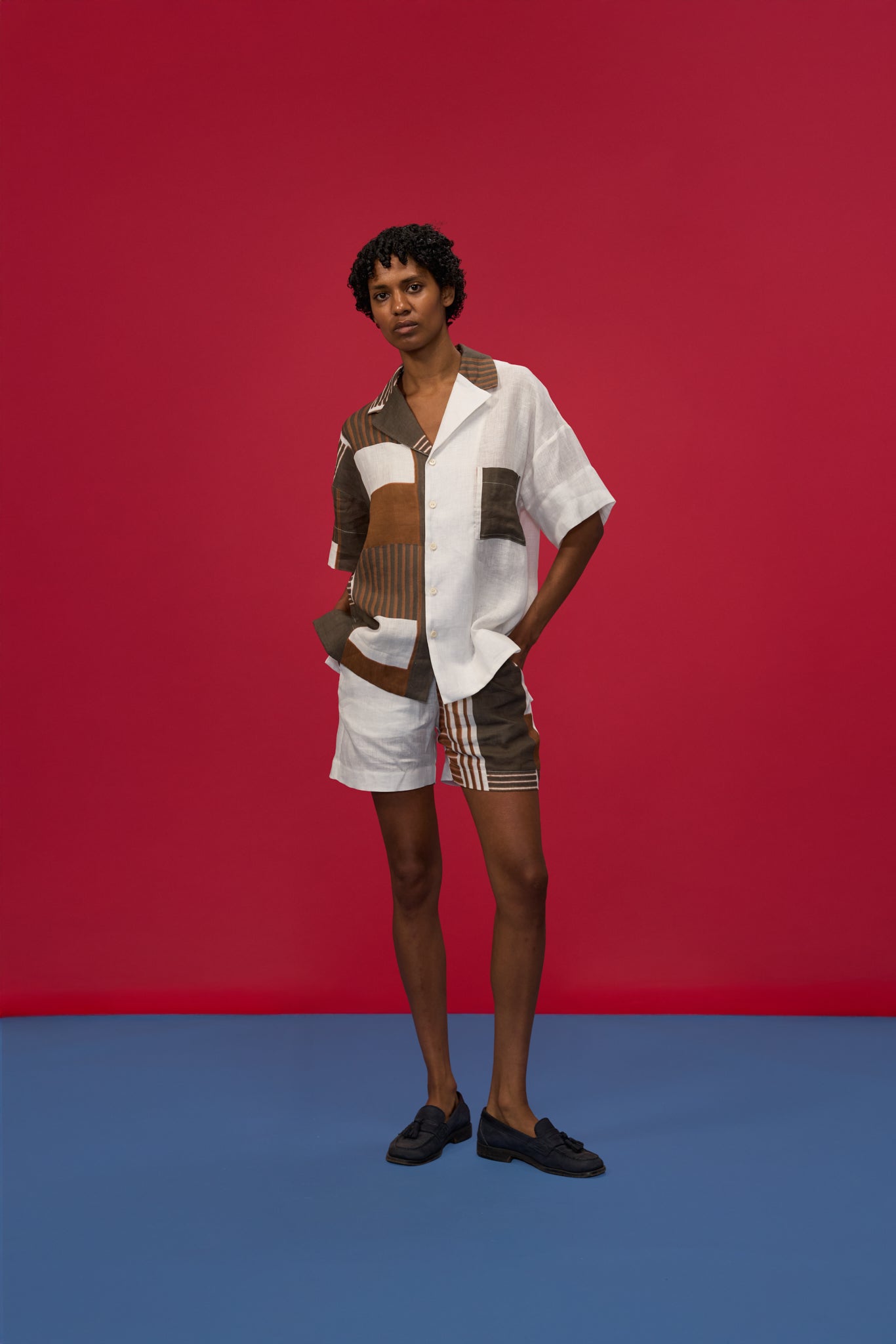 BROWN & ORANGE CASSERITA LINEN SHORT SLEEVE SHIRT