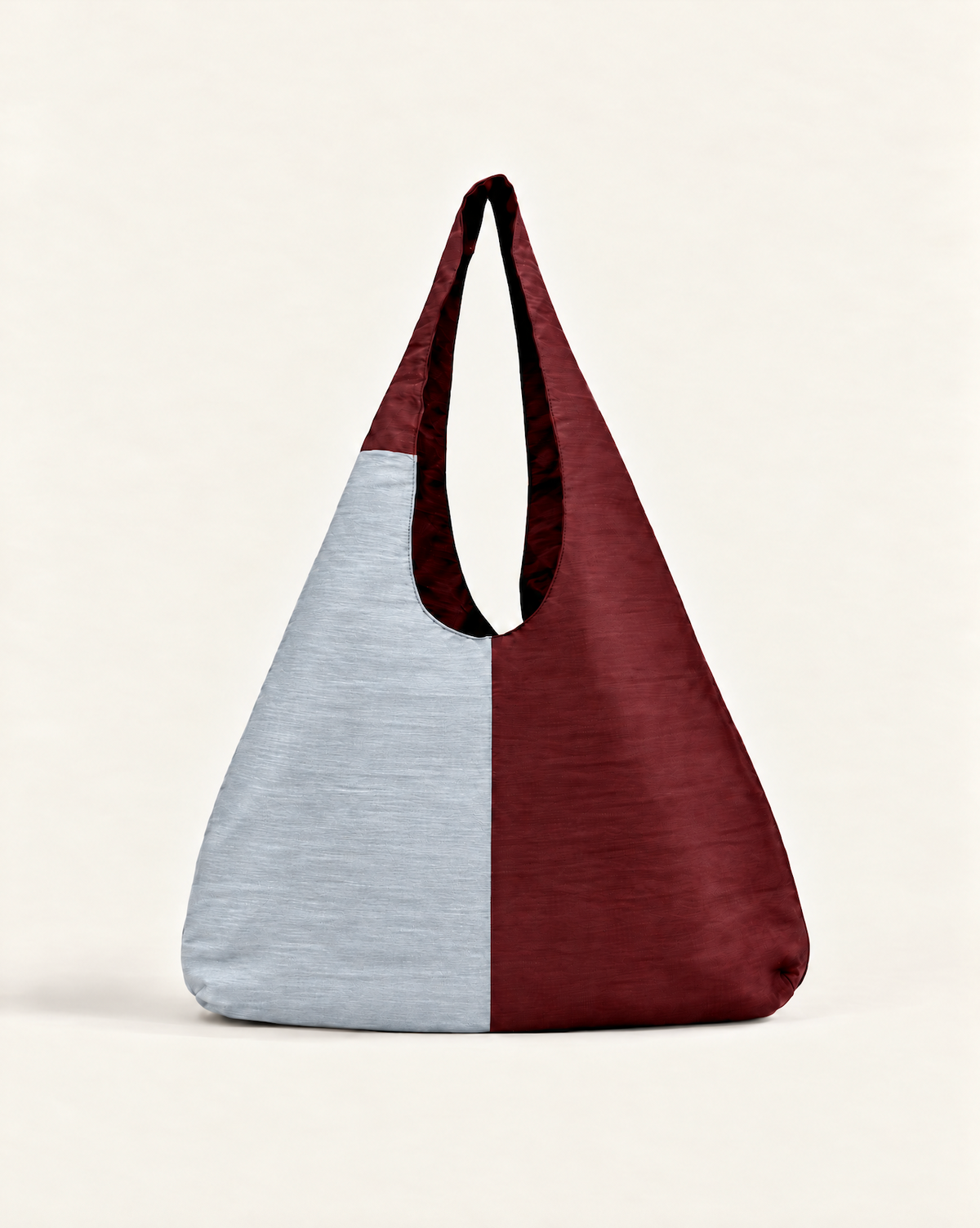 La Movida oversized tote bag in cream and burgundy shantung satin with dual handles, versatile work and evening bag