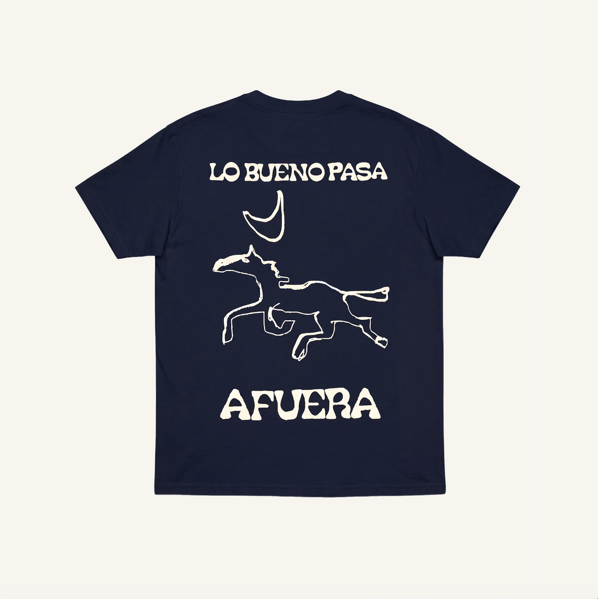 Navy Lo Bueno Pasa Afuera oversized organic cotton tee, back view with horse and moon print