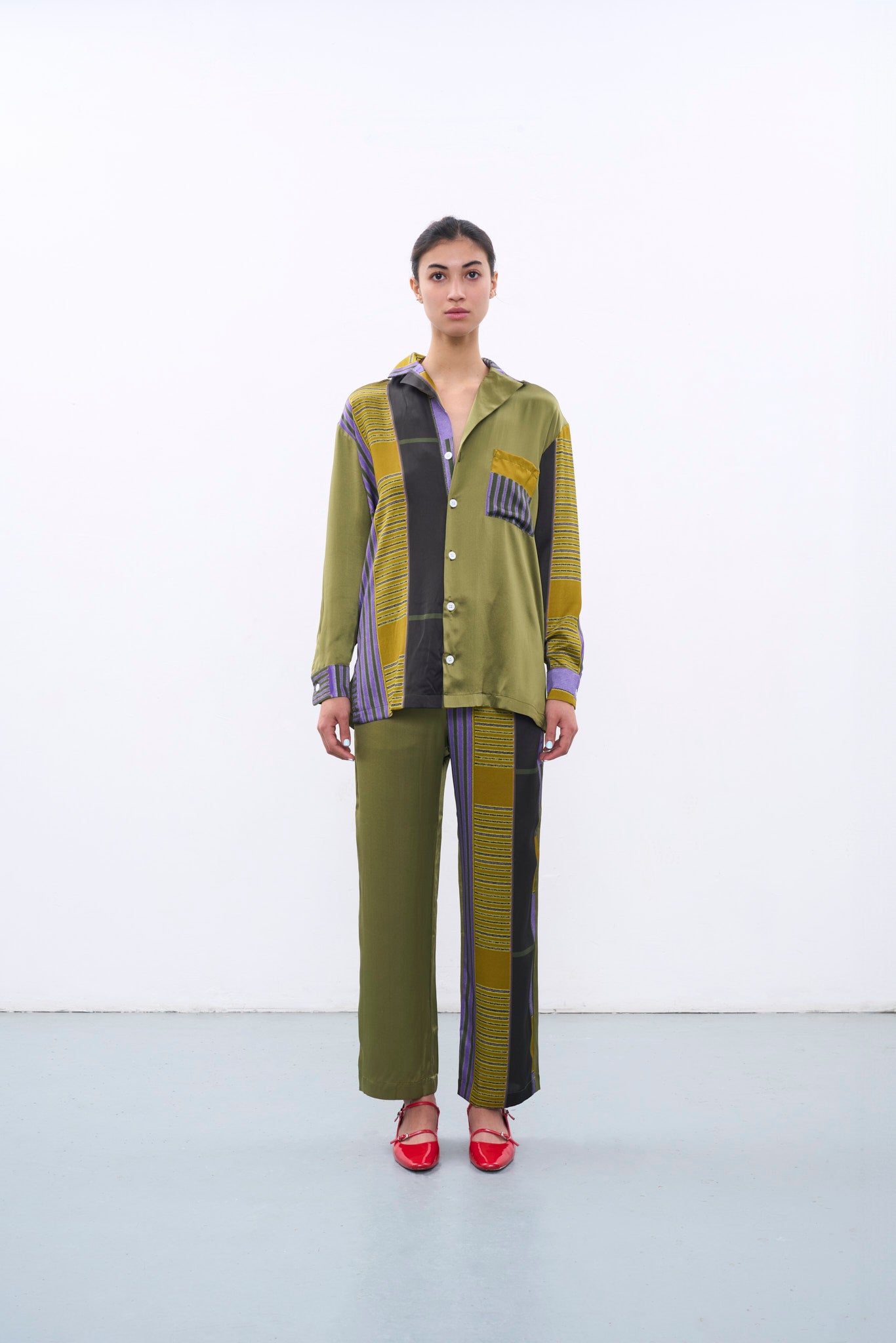 GREEN & PURPLE CASSERITA SILK LONG SLEEVE SHIRT